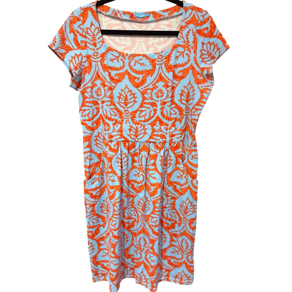 J McLaughlin dress Large cap sleeve Catalina blue pink damask short sheath‎